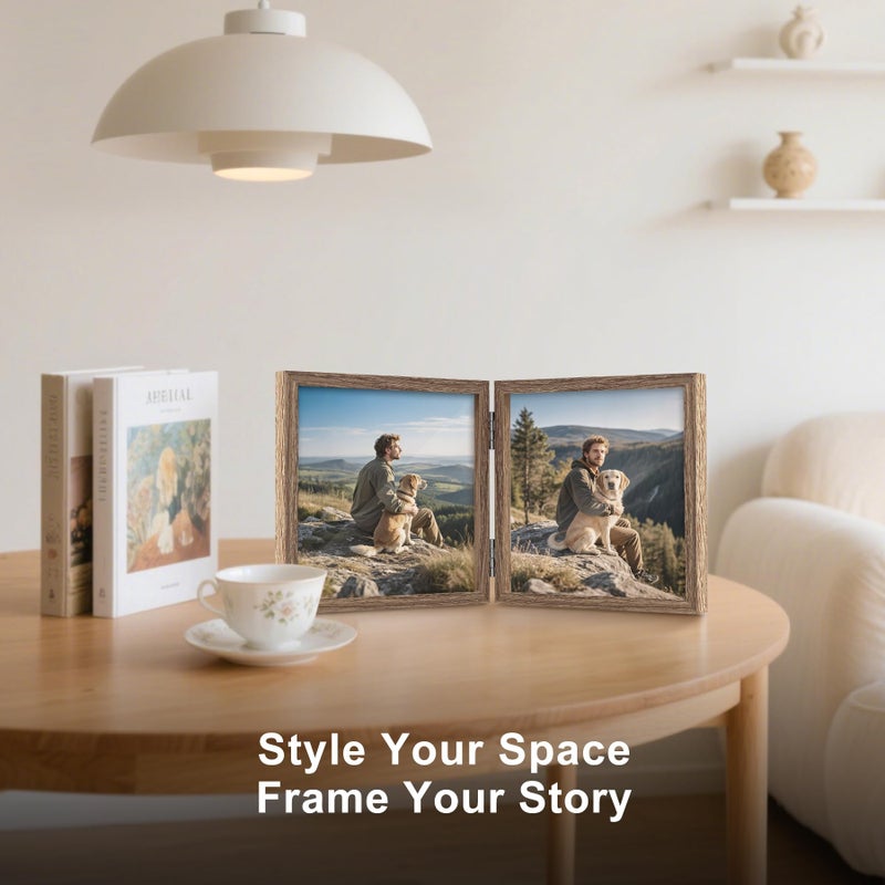 Forev 5x5 Double Picture Frame Wooden Hinged Photo Frame Definition Glass Stand Vertically on Desktop or Tabletop - Image 3